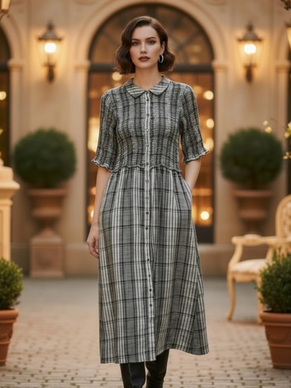 Maeve Black & White Gingham Plaid Smocked Button‑Front Dress – Size L